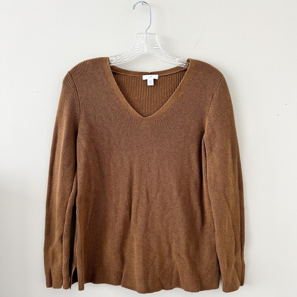 J. Jill Brown Cotton Blend V Neck Tight Knit Sweatshirt Size XS Preppy Beachy - Picture 1 of 5